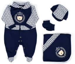 Saída Maternidade Para Bebê Menino Príncipe Urso Azul Marinho 04 Peças
