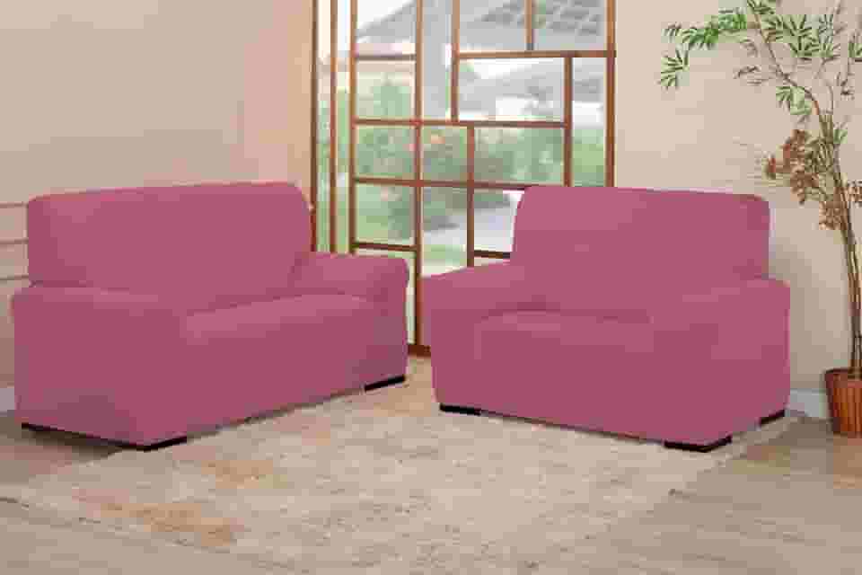 Kit Capa de Sofá Coladinha, 2 e 3 Lugares, Malha Poliéster, Protetor para Sala, Ajuste com Elástico (ROSE)