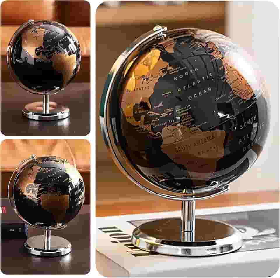 Globo Terrestre Giratório Preto Decorativo Base de Metal Enfeite Educativo para Mesa Presente Mapa Mundi Terrestre Planeta Terra Decoração Vintage Clássica Escritório Sala Quarto Loja Geopolítico