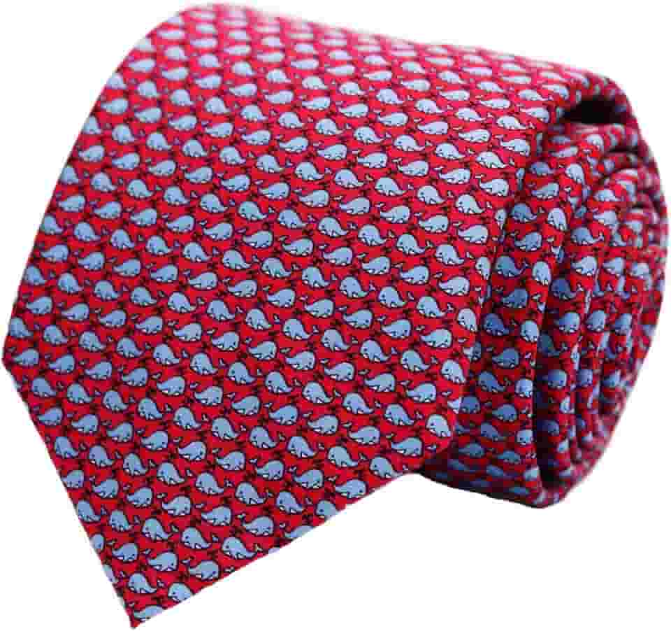 Gravatas masculinas 100% seda feitas à mão com estampas de animais + caixa de presente.., Baleias - Azul marinho em vermelho, Regular Length - 59"