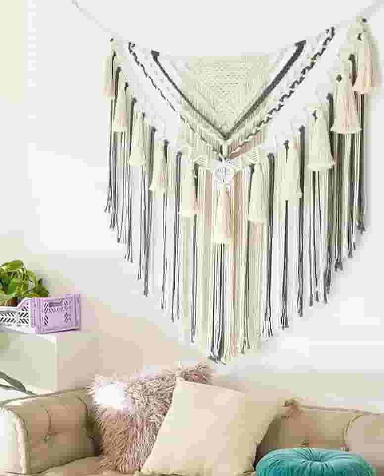 Macramê para pendurar na parede cinza pequeno macramê painéis de decoração de parede arte de parede artesanal decoração de quarto sala de estar, 78,7 cm L x 99 cm C