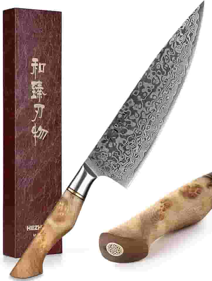 HEZHEN Faca de chef profissional de aço damasco 21 cm, faca de cozinha VG10 Gyuto da série Master ferramenta de cozinha em casa, cabo de madeira de sicômoro com figura de restaurante