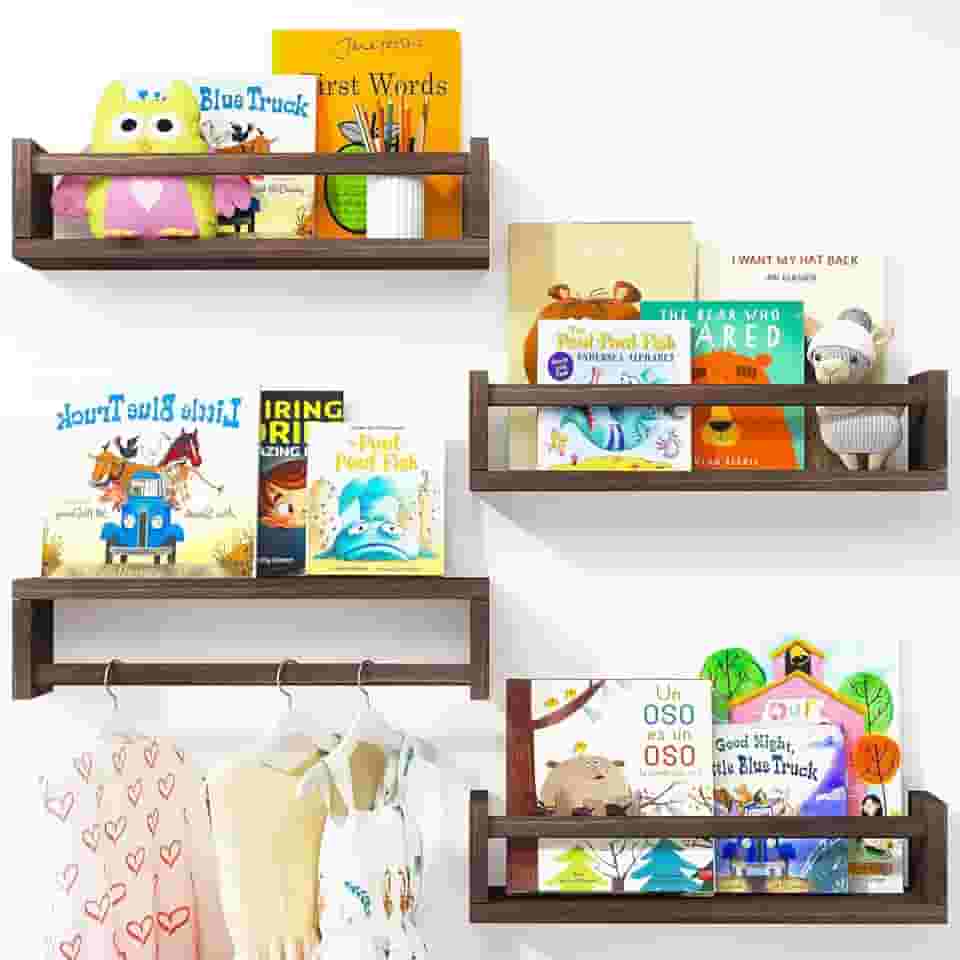Fixwal Prateleiras de livros de berçário, estantes flutuantes de 41,5 cm para decoração de berçário e sala de jogos, conjunto de 4, prateleiras montadas na parede de madeira maciça para livros,