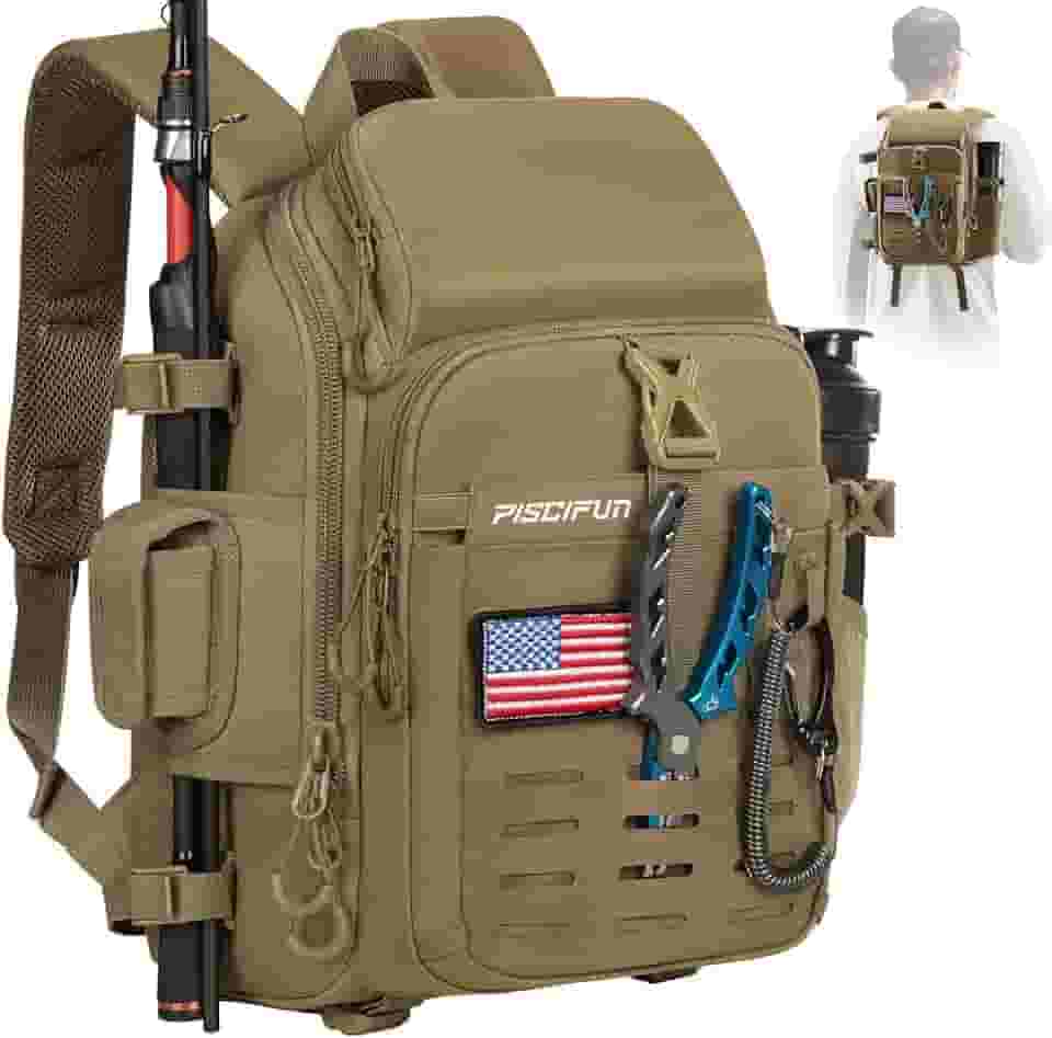 Piscifun Mochila de pesca com suporte para vara e equipamento, bolsa de armazenamento leve com capa protetora de chuva
