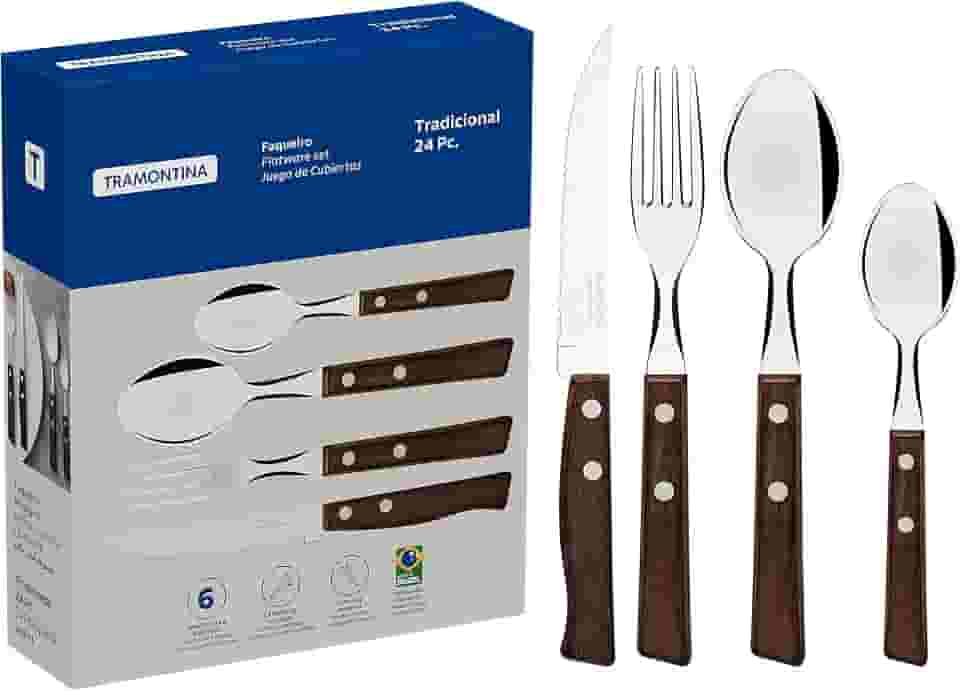 Faqueiro 24 Peças Tradicional Sortidos com Laminas de Aço Inox e Cabos de Madeira, Tramontina, Tradicional 22299050, Natural