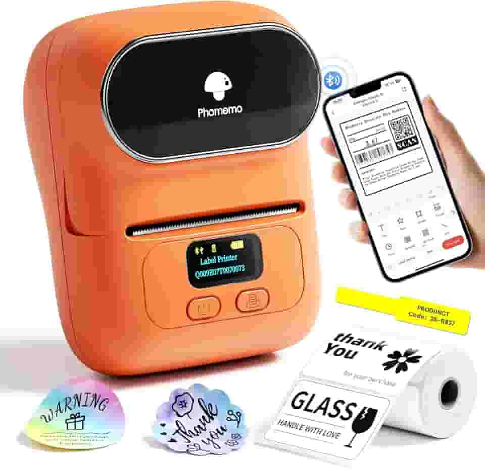 Phomemo Impressora de código de barras - M110 máquina de fazer etiquetas temáticas Bluetooth sem fio para pequenas empresas, escola, código de barras, endereço, joias, roupas, organização, laranja