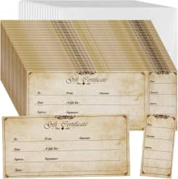 Nuanchu 100 conjuntos de vales de presente para negócios, cartões de presente em branco, de Natal, vales de presente, vouchers, cartões de cupão com 100 envelopes para salão, spa, restaurantes