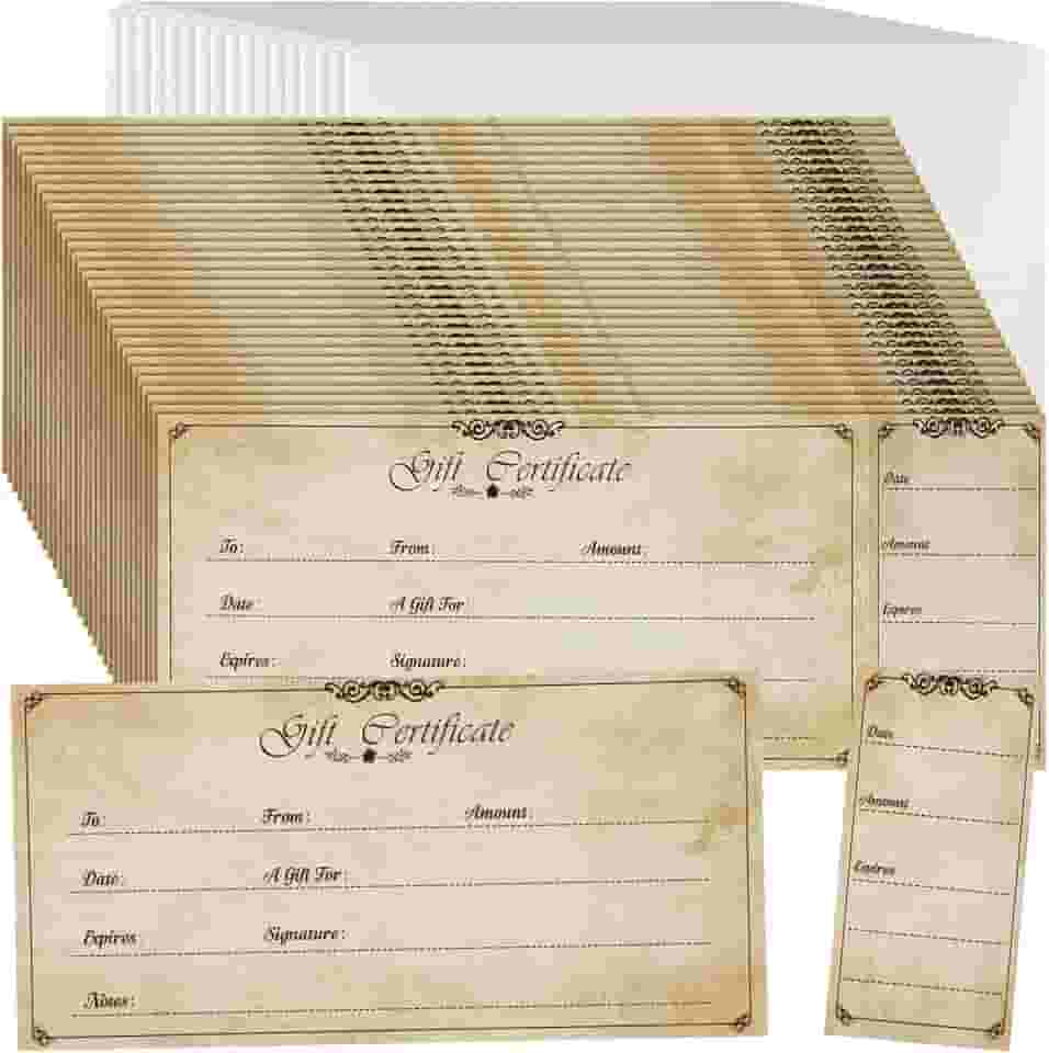 Nuanchu 100 conjuntos de vales de presente para negócios, cartões de presente em branco, de Natal, vales de presente, vouchers, cartões de cupão com 100 envelopes para salão, spa, restaurantes