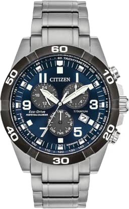Relógio masculino Eco-Drive Sport casual Brycen cronógrafo, Super Titanium™, calendário perpétuo, taquímetro 12/24 horas, alarme, data, Pulseira/mostrador preto e azul, Cronógrafo