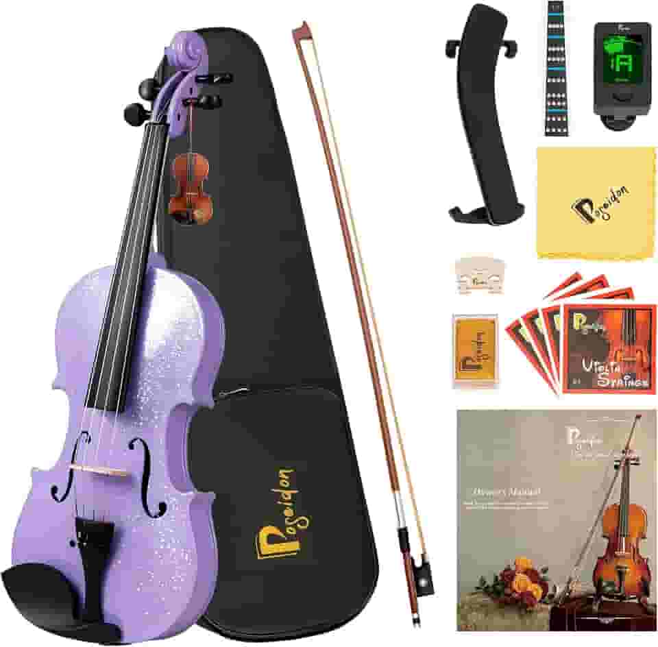 Poseidon Violino acústico para iniciantes, conjunto de violino de tamanho completo para estudantes com estojo rígido, conjunto de cordas extra 4/4, arco de violino, ponte de cavalo, resina de violino