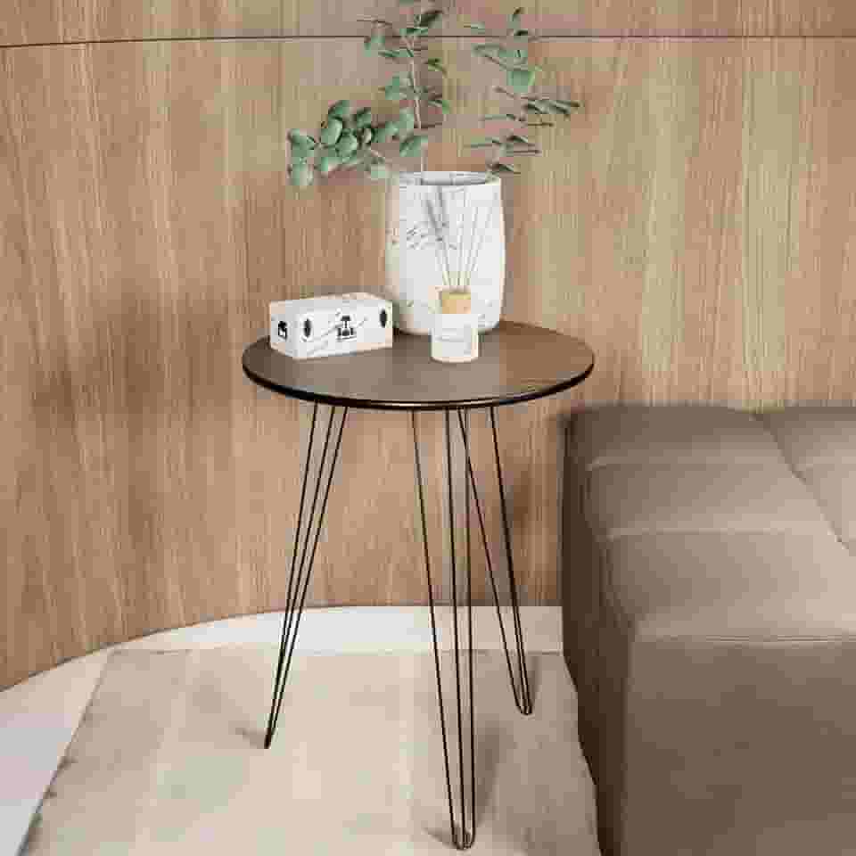 Mesinha Lateral De Canto Apoio Redonda Pé De Ferro Tripé (Freijó)