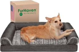 Furhaven Cama ortopédica para cães médios/pequenos com almofadas removíveis e capa lavável, para cães de até 16 kg - Sofá luxuoso de pele sintética e linho de desempenho - carvão, média