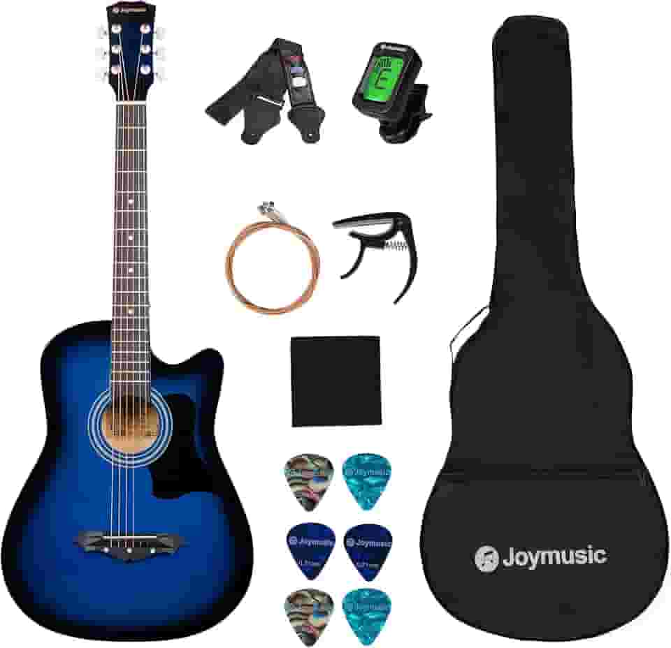 Joymusic Kit de guitarra acústica de 96,5 cm, Blueburst, brilho (JG-38C, BLS), direito