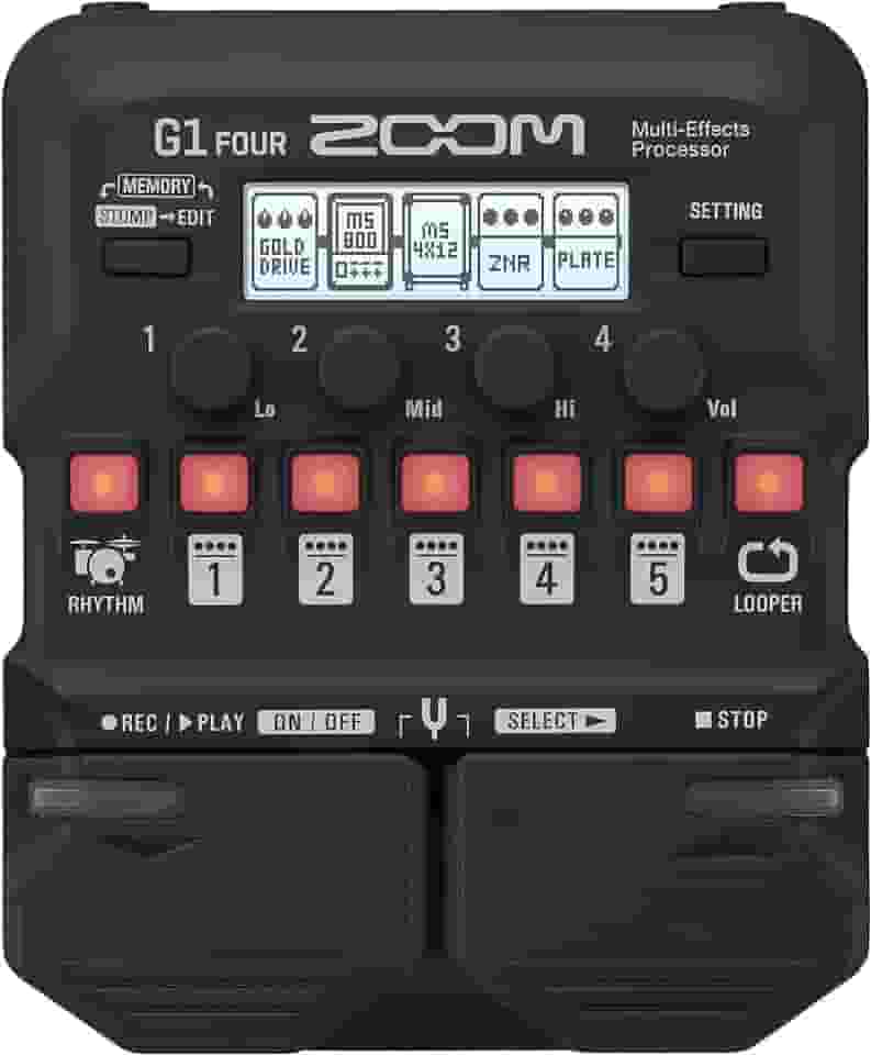 Pedal processador multiefeitos para guitarra Zoom G1 Four, com mais de 60 efeitos embutidos, modelagem de amplificador, e mais