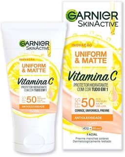 Garnier Protetor Solar Hidratante Efeito Matte FPS50 Uniform & Matte, Antioleosidade com Vitamina C, 40g, Cor Clara