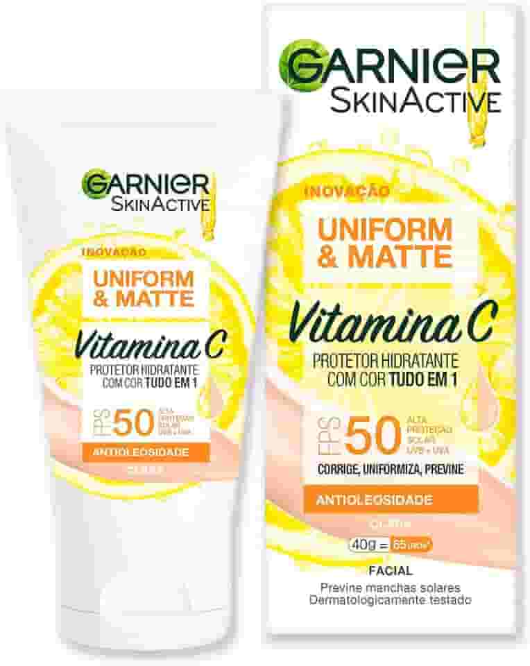 Garnier Protetor Solar Hidratante Efeito Matte FPS50 Uniform & Matte, Antioleosidade com Vitamina C, 40g, Cor Clara