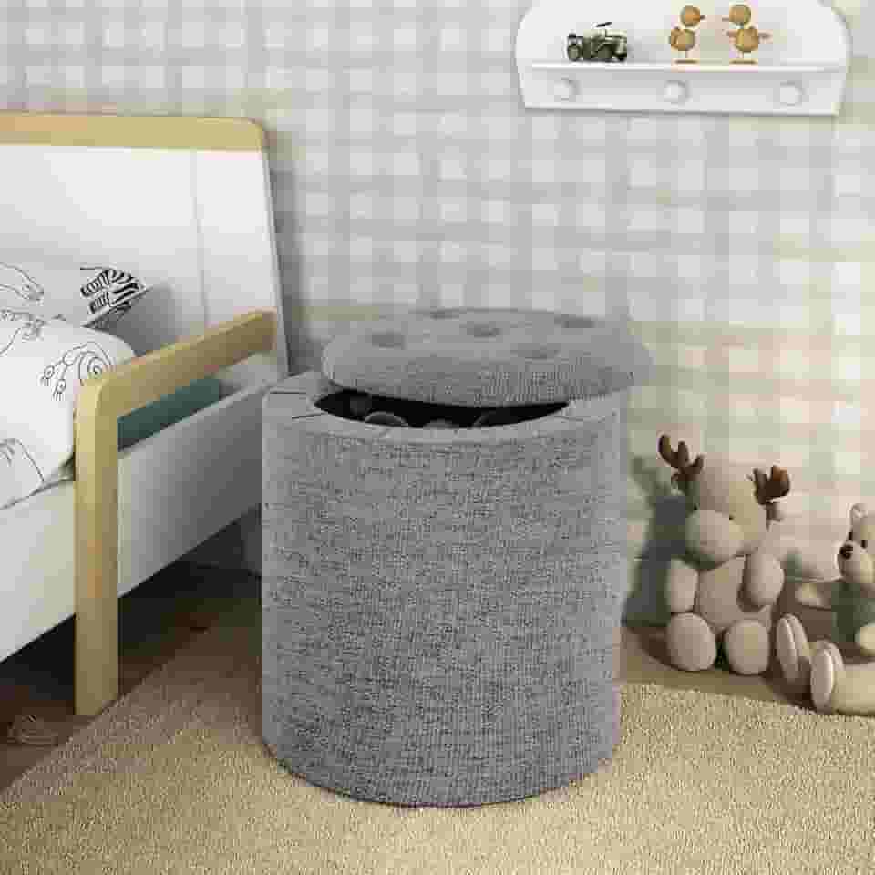 Puff Baú Grassi Decor, Redondo em Suede, 40x37 cm, 6 Pés, Suporta 120 kg (LINHO CINZA)