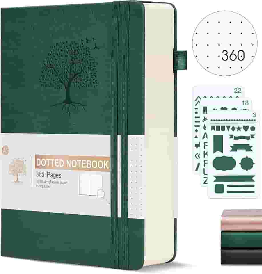 Agenda organizadora pontilhada Ansopu, 360 páginas numeradas, 100 g/m², caderno grosso, capa dura de couro, para escrita, para mulheres e homens, A5, para trabalho, 14,6 x 21,3 cm, verde