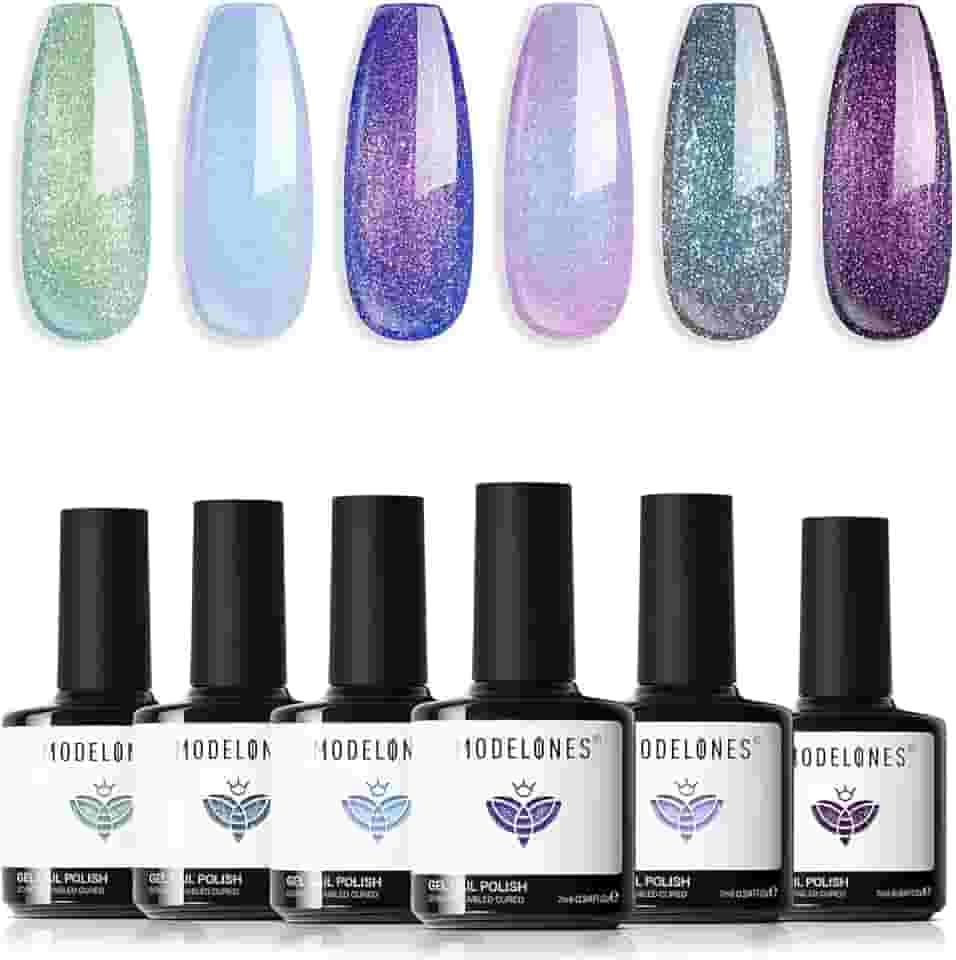 Conjunto de Esmaltes em Gel Camaleão Modelones, 6 Cores Aurora Shimmer Glitter, 7ml cada, Azul Verde Roxo, para Lâmpada LED