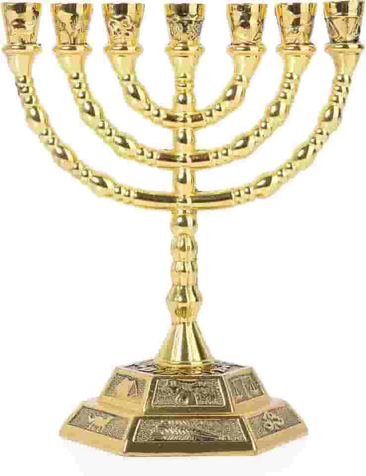 BRTAGG Menorah 7 velas, 12 tribos de Israel menorá, castiçal judaico do templo de Jerusalém (13cm de altura, ouro)