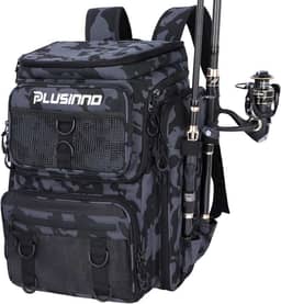 PLUSINNO Mochila de pesca com caixa de equipamentos de suporte de vara, grande 42L resistente à água, bolsa de equipamentos de pesca, loja de equipamentos de pesca