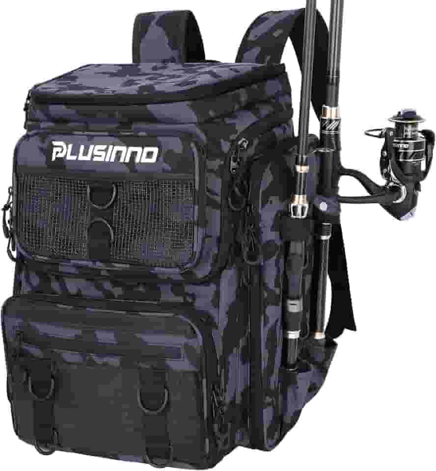 PLUSINNO Mochila de pesca com caixa de equipamentos de suporte de vara, grande 42L resistente à água, bolsa de equipamentos de pesca, loja de equipamentos de pesca