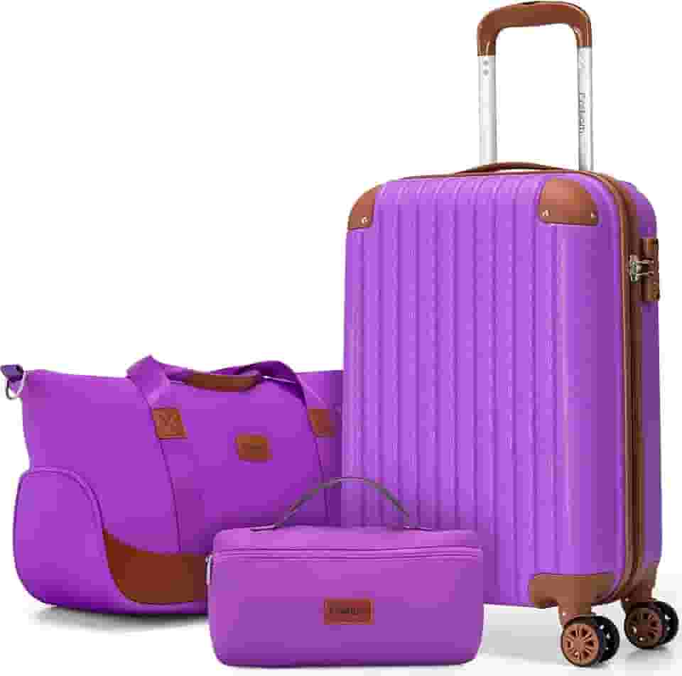Bagagem de mão aprovada por companhias aéreas de 55 x 35 x 23 cm, malas de mão com rodas, bagagem de mão leve ABS, mala de viagem com rodas e trava TSA, Roxo brilhante, 3 Piece Sets (20/DB/TB)