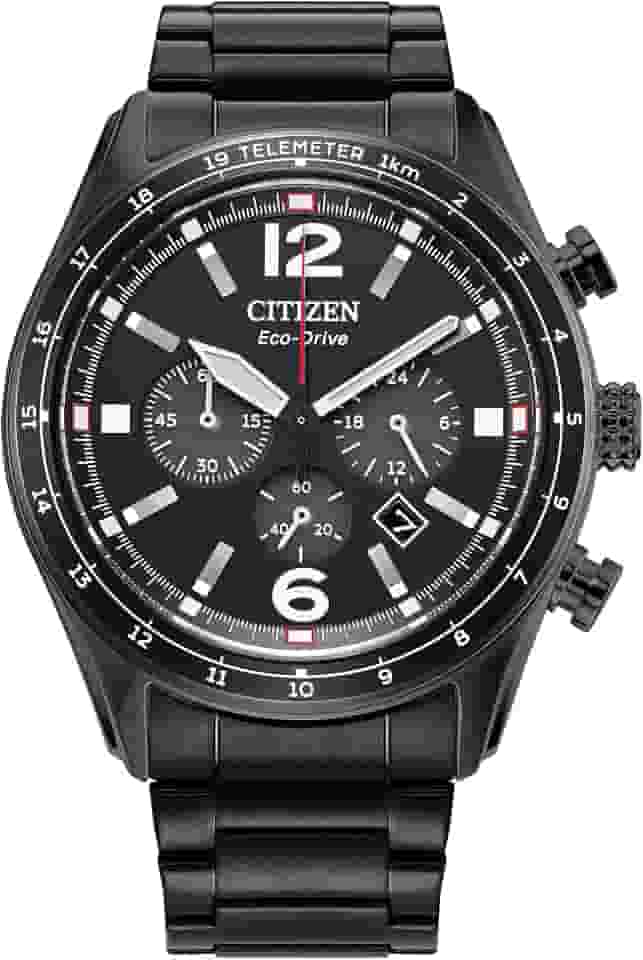 Relógio masculino casual esportivo Eco-Drive, pulseira preta de aço inoxidável, mostrador preto, cronógrafo, data (modelo: CA4655-52E)