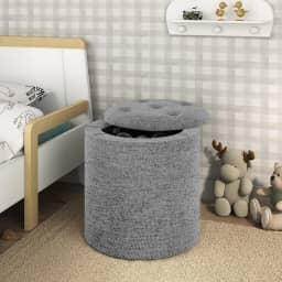 Puff Baú Redondo Linho Cinza Organizador Reforçado Multiuso Moderno Apoio P/Pés