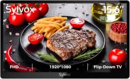 SYLVOX TV flip down de 15,6 polegadas para embaixo do armário, TV pequena de 12 volts com rotação de 90 graus, redução de ruído digital e design de armazenamento para cozinha, quarto, trailer e iate