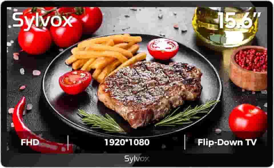 SYLVOX TV flip down de 15,6 polegadas para embaixo do armário, TV pequena de 12 volts com rotação de 90 graus, redução de ruído digital e design de armazenamento para cozinha, quarto, trailer e iate