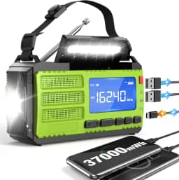Rádio de emergência com manivela manual de 10000 wAh/37000 mWh, rádio AM FM NOAA, portátil, solar, 4 métodos de carregamento, lanterna de 3 modos, lâmpada de leitura, alarme SOS, carregador de