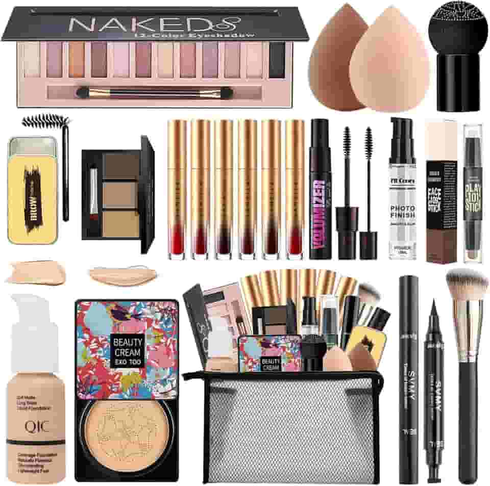 Kit completo de maquiagem para mulheres, kit completo de maquiagem de viagem, conjunto de presente para mulheres adolescentes e meninas, inclui sombra, CC, base, batom, rímel, pincel, esponja, pó para