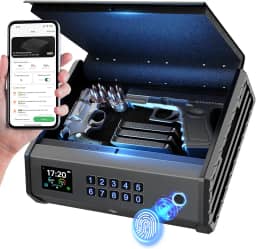 Seguro para armas SAFESmart, cofre recarregável de pistola biométrica de 4 formas com trava de impressão digital/teclado/chave/aplicativo, controle de aplicativo, visor LCD, fonte de alimentação de