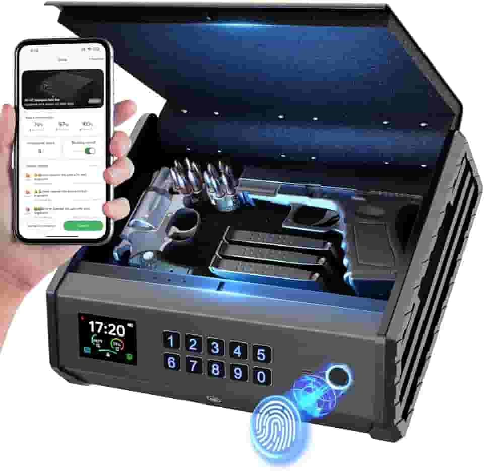 Seguro para armas SAFESmart, cofre recarregável de pistola biométrica de 4 formas com trava de impressão digital/teclado/chave/aplicativo, controle de aplicativo, visor LCD, fonte de alimentação de