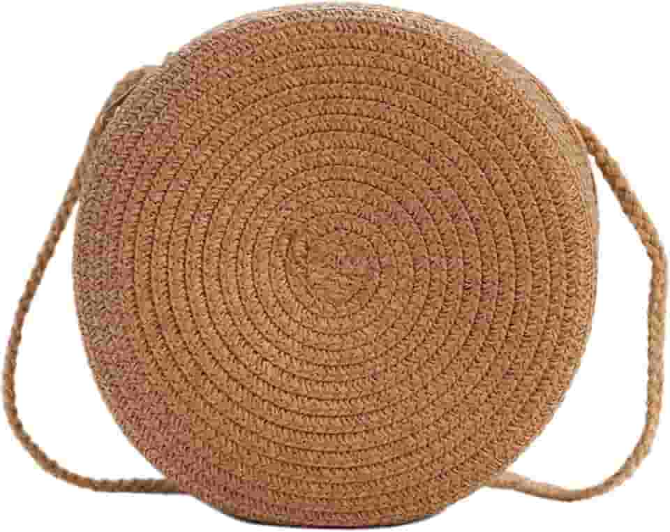 Bolsa feminina de palha redonda de 16,5 cm, bolsa de tecido casual de ombro único, com zíper, cor sólida, bolsa portátil para férias na praia, viagem, cáqui