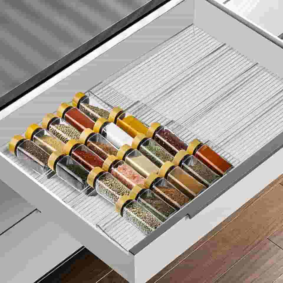 Organizador de gaveta de especiarias, organizador de temperos de acrílico transparente de 4 níveis, inserção de gaveta de potes de tempero de cozinha, bandeja expansível de 28 a 56 cm para armário e