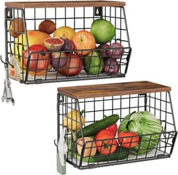 Cesta de frutas de 2 camadas para cozinha, cesta suspensa empilhável com tampa de madeira, organizador de balcão de cozinha montado na parede para armazenamento de frutas, vegetais, marrom