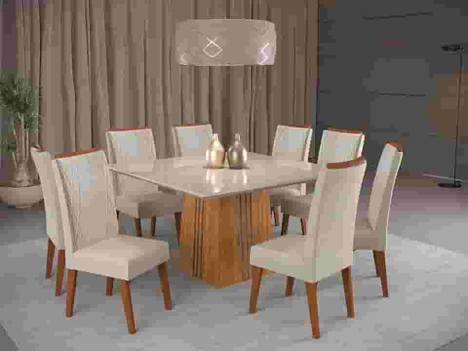 Mesa de Jantar Quadrada Monza com 8 Cadeiras Madeira Maciça Vegas Mel/Marfim/Off White