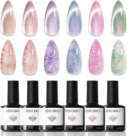 Modelones Esmalte em gel olho de gato, 6 cores brilhantes, conjunto de desenho de unhas magnético com ímã, sereia iridescente, redemoinho, fio de concha, roxo, rosa, azul, glitter, presente de manicure faça você mesmo para mulheres e meninas