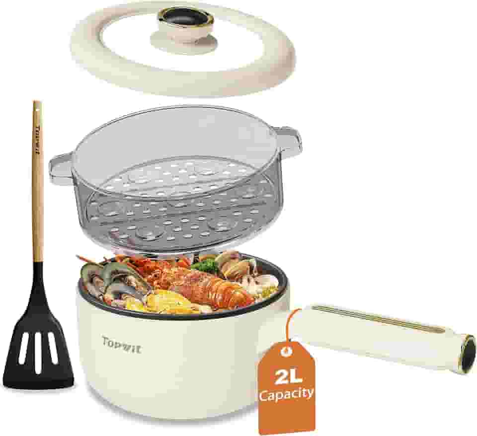 TOPWIT Panela elétrica quente com vaporizador, panela elétrica multifuncional de 2L, frigideira antiaderente, panela portátil para bife, arroz frito, ramen, sopa com controle de energia duplo