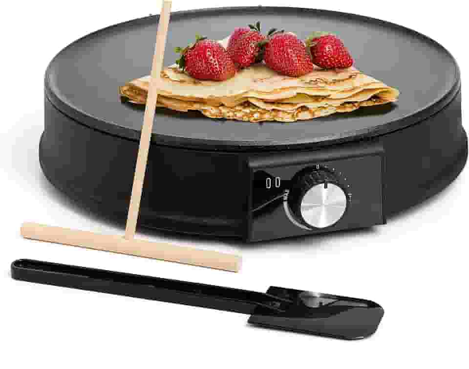 Moss & Stone Chapa elétrica de 30 cm e máquina de fazer crepe. Criador de crepe elétrico com temperatura ajustável para panquecas e tortilhas blintzes, forma antiaderente de crepe e espátula