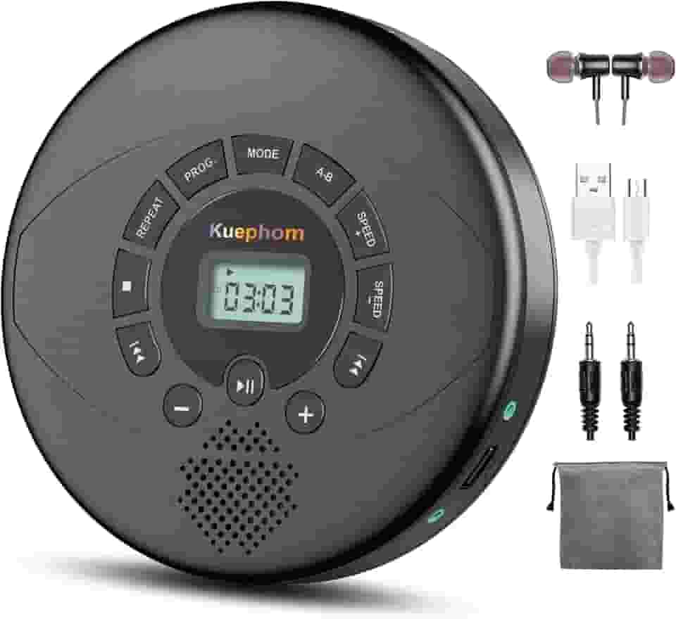 Leitor de CD portátil, recarregável Discman, leitor de CD Walkman com alto-falante, fones de ouvido, CD-R, MP3 USB playable, anti Skip CD Play para carro, adequado para uso pessoal ou multiusuários