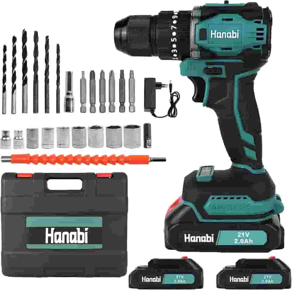 Furadeira Parafusadeira Brushless 21V 2 Baterias 2mAh Maleta de Transporte Acessórios Hanabi