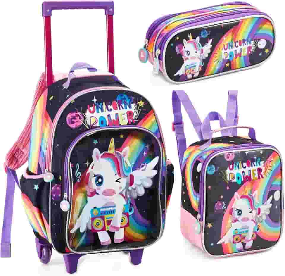 Kit Mochila Rodinhas Lancheira E Estojo Unicórnio Power