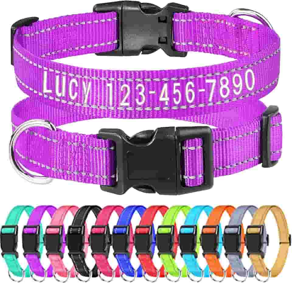 Coleira de cachorro bordada personalizada com nome e número de telefone do animal de estimação, coleiras refletivas de tamanhos ajustáveis personalizados com fivela de liberação rápida e anel em D