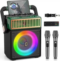 JYX Máquina de Karaoke com 2 Microfones Atualizada, Caixa de Som Bluetooth Portátil para Crianças e Adultos, Sistema de PA com Luzes LED Coloridas, Suporta BT/USB/TF/AUX/REC/TWS para Festas
