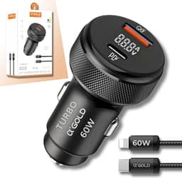 Carregador Veicular Turbo 60W MTS com Cabo IOS para Automóvel – 2 Portas USB + USB-C, Carrega 2 Dispositivos ao Mesmo Tempo, Alta Velocidade, Potente 9.1A, Compatível com iPhone e Android