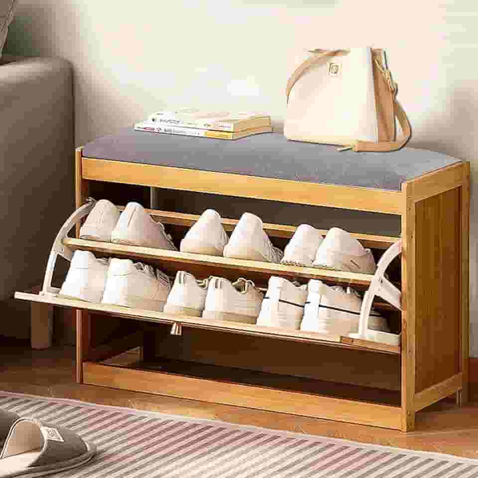 Banco Sapateira em Bambu, 70 * 24 * 44 cm, Armário para Sapatos com Tampa Tipo aba, Almofada Acolchoada para Assento, com Capacidade para Suportar Até 90 kg, Adequada para Guardar Chinelos e Sapatos