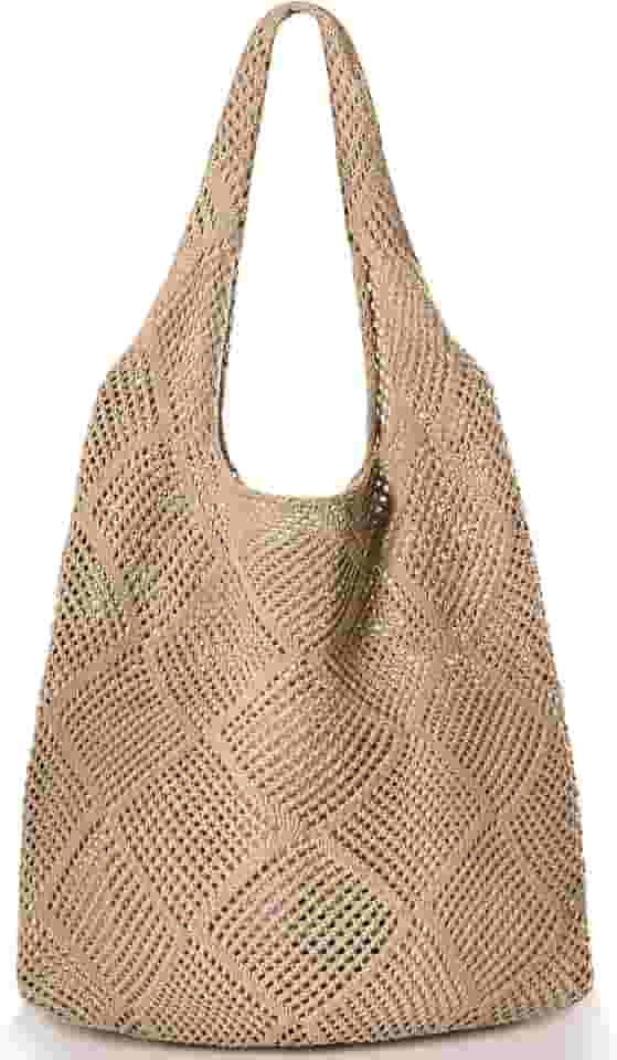 Bolsas de praia de palha para mulheres - Bolsa de ombro de tecido de verão, bolsa de praia grande para mulheres para férias, Cáqui novo, 14 x 14 x 14 inches